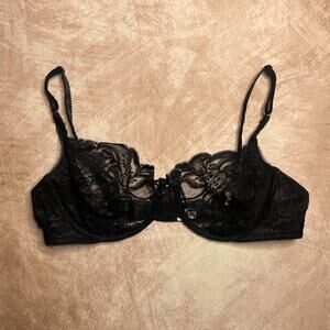 Vintage 90s Felina Lingerie Floral Lace Bra Black Bow Romantic Whimsigoth Goth